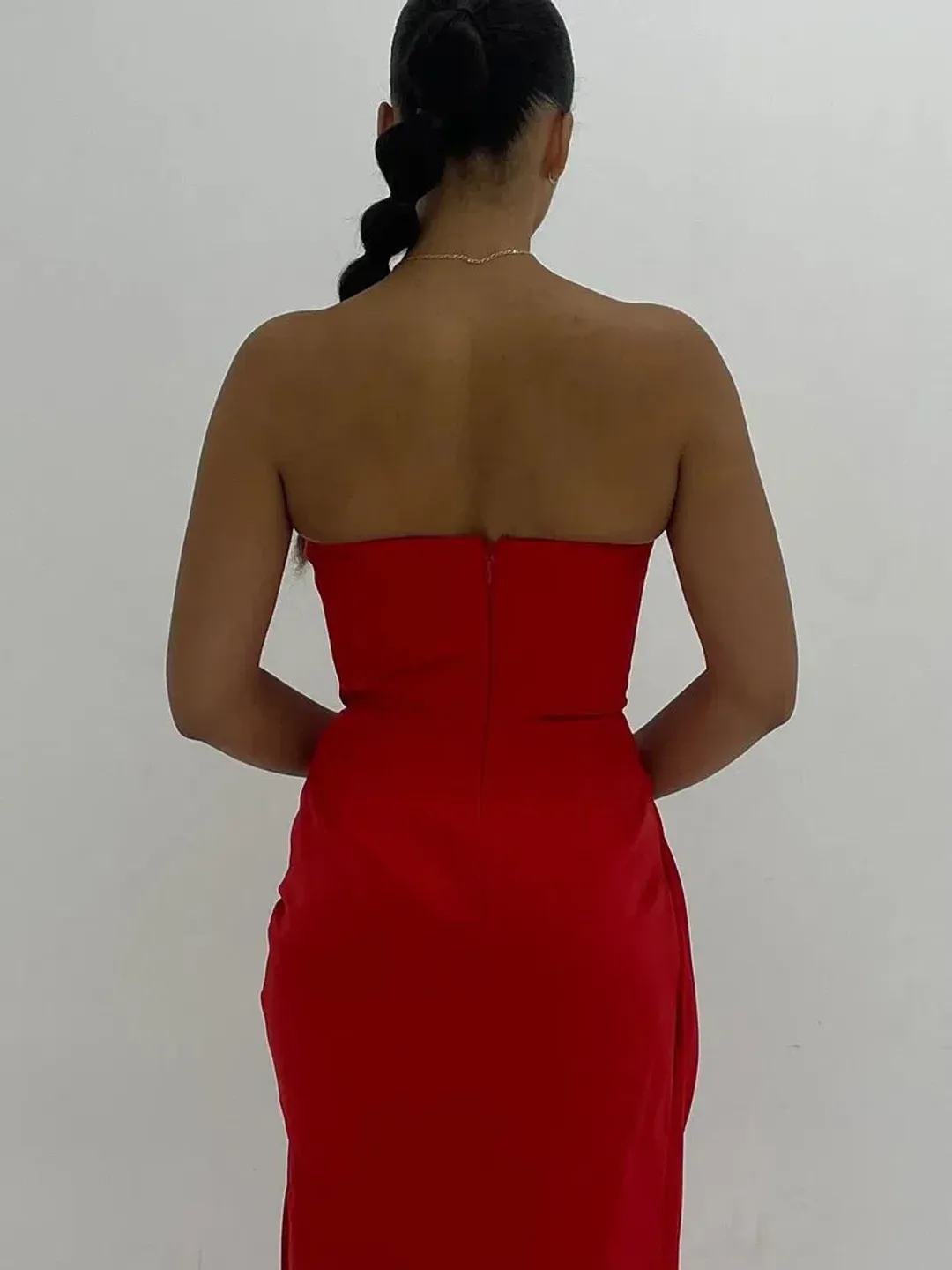 House of CB Adrienne Satin Strapless Gown in Scarlett Size S/AU8 for rent on The Volte - main image