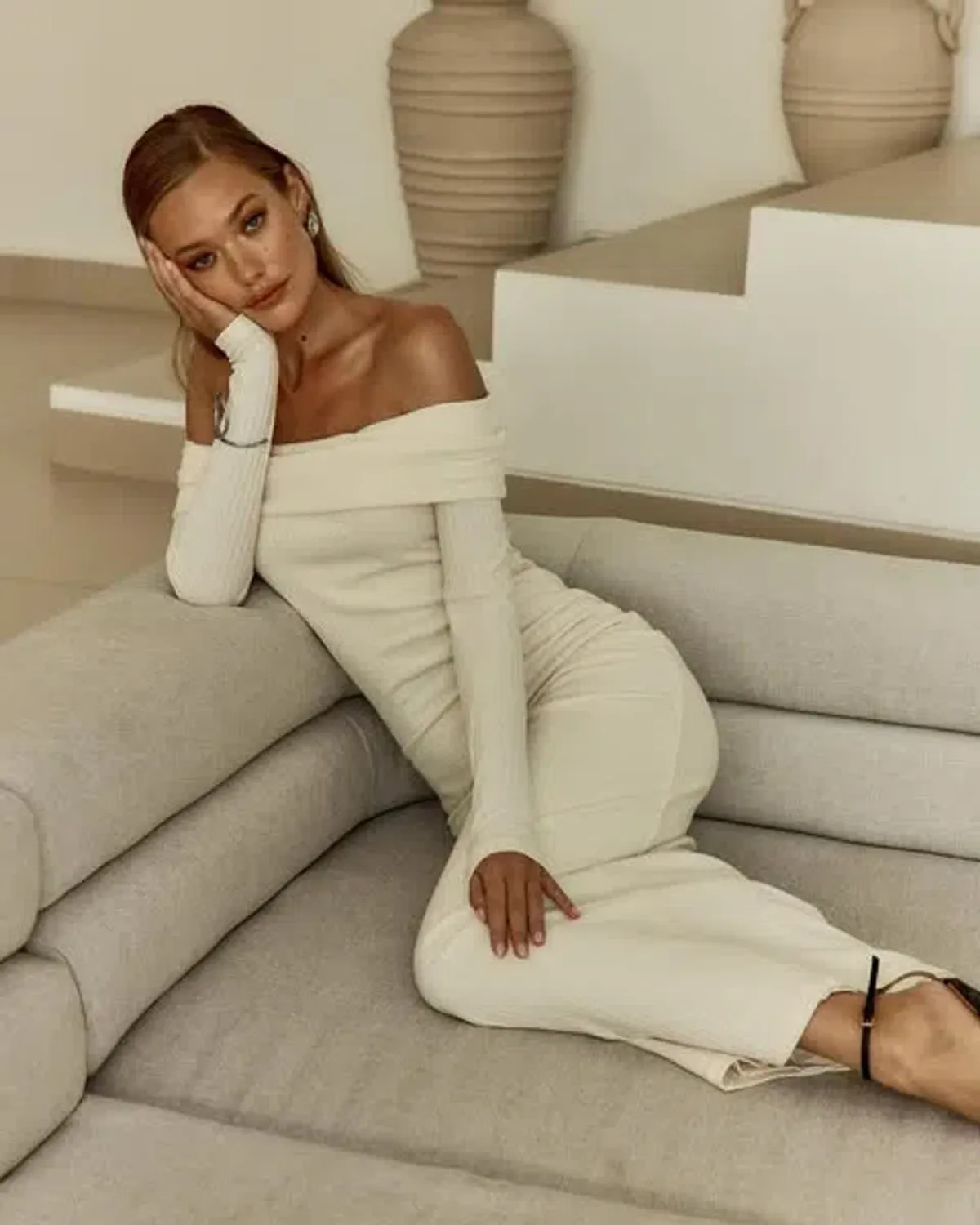 Sofia the Label Gia off the Shoulder  Dress Cream Size 10 for rent on The Volte - main image