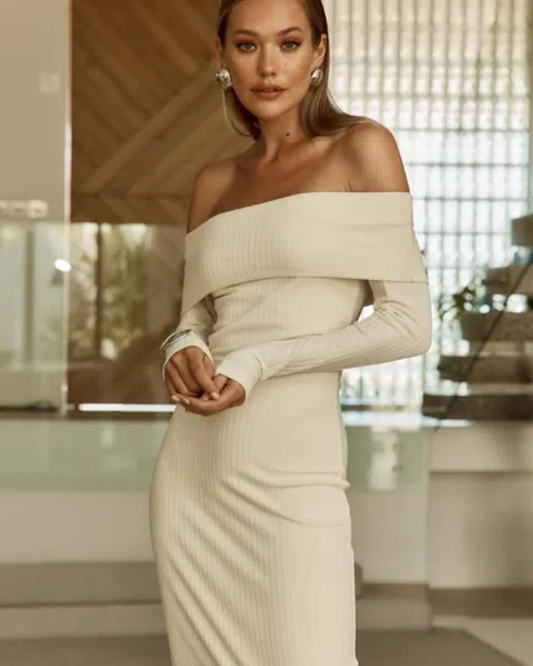 Sofia the Label Gia off the Shoulder  Dress Cream Size 10 for rent on The Volte - main image