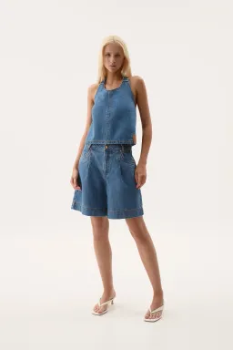 Aje Longline Denim Halter Neck and Short Set Blue Size 6 for rent on The Volte - image 1
