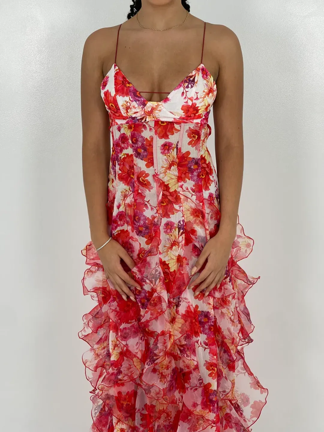 Menti Red Iris Floral Midi Dress Size 8 for rent on The Volte - main image