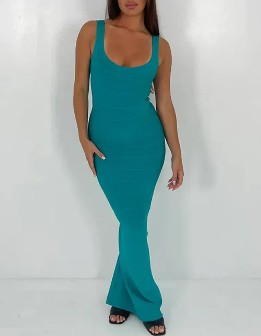 Herve Leger Turquoise Round Neck Gown Maxi Size AU 8 for rent on The Volte - main image