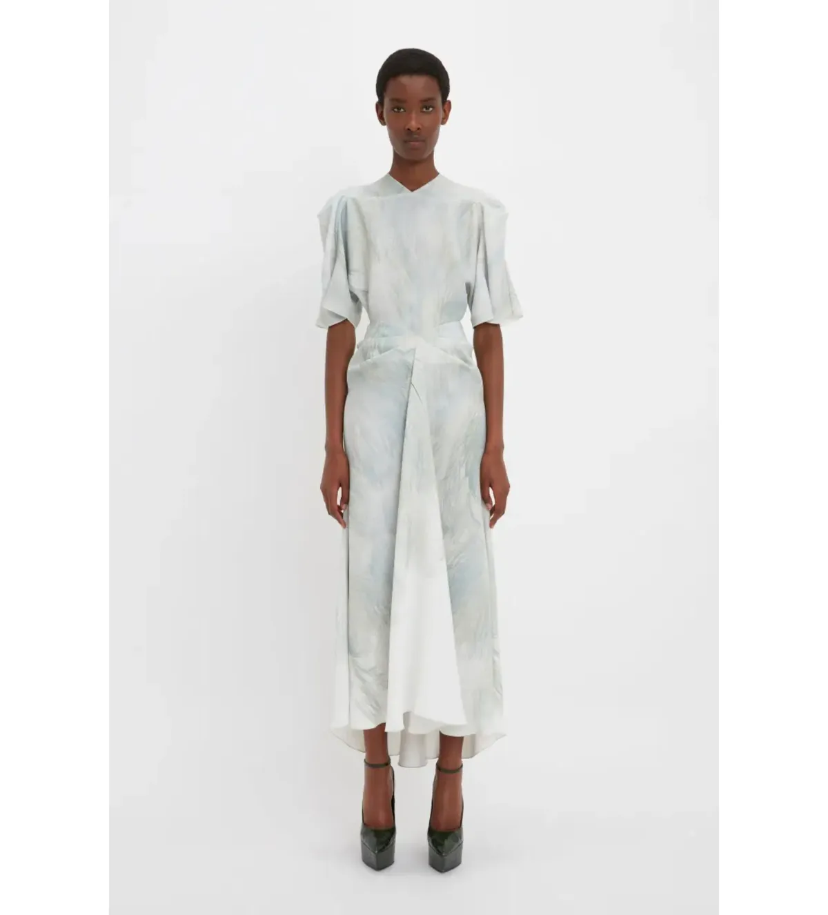 Victoria Beckham Drape Sleeve Midi Dress In White Digital Feather Print Size AU 8 for rent on The Volte - main image