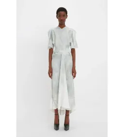 Victoria Beckham Drape Sleeve Midi Dress In White Digital Feather Print Size AU 8 for rent on The Volte - image 1