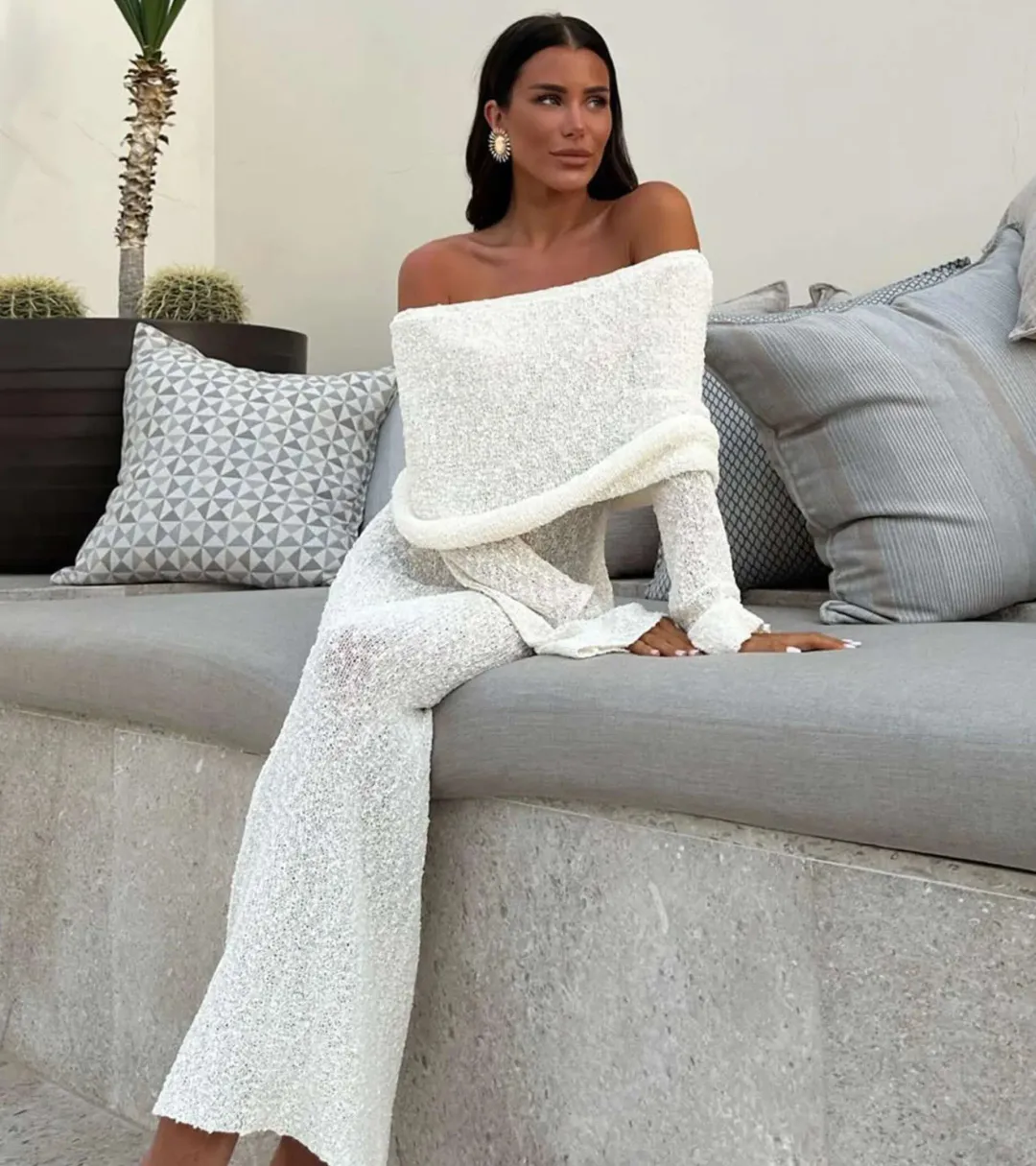 Meshki Marisol Off Shoulder Boucle Maxi Dress Cream Size 3XL / AU 18 for rent on The Volte - main image