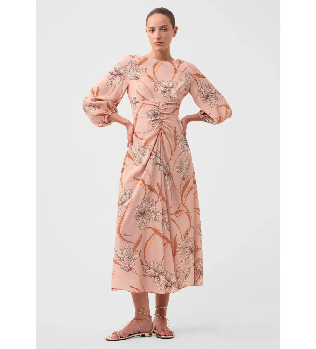 Morrison Martinique Rouched Midi Dress Blush Floral Print Size 4/AU 14 for rent on The Volte - main image