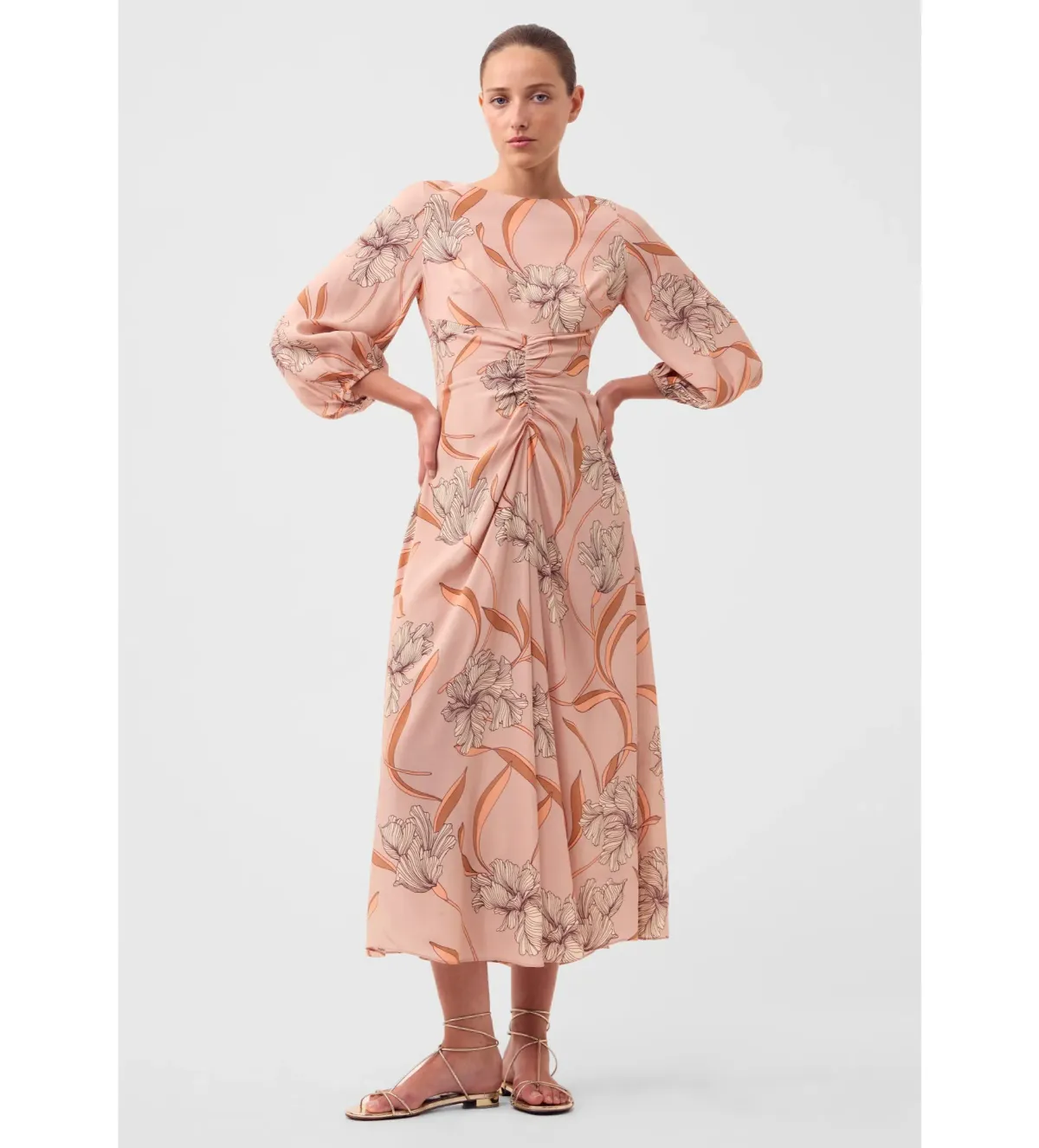 Morrison Martinique Rouched Midi Dress Blush Floral Print Size 4/AU 14 for rent on The Volte - main image