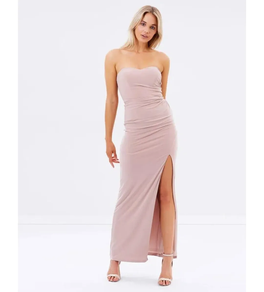 Skiva Strapless Split Evening Maxi Dress Latte Blush Size AU 6 for rent on The Volte - main image