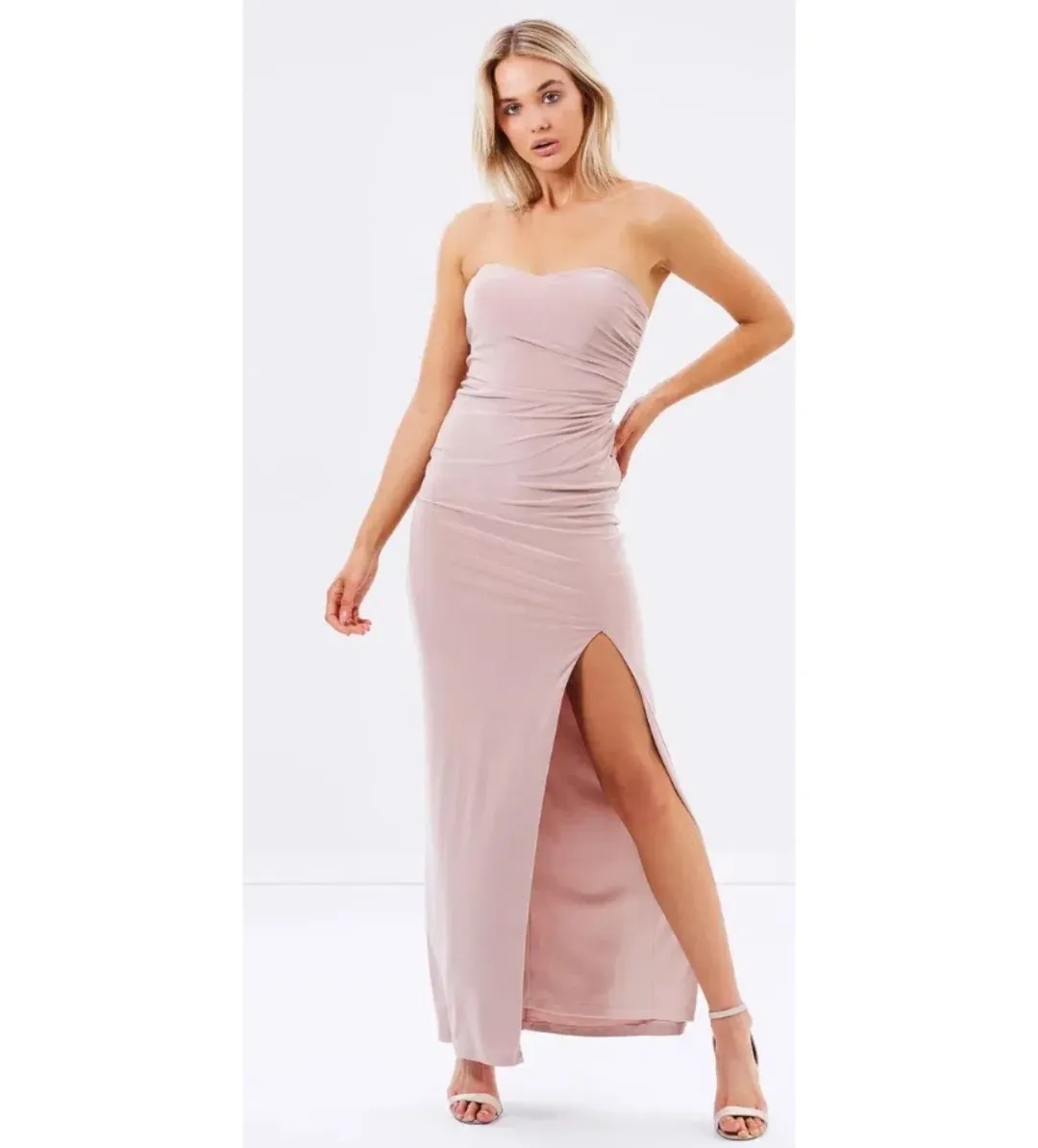 Skiva Strapless Split Evening Maxi Dress Latte Blush Size AU 6 for rent on The Volte - main image
