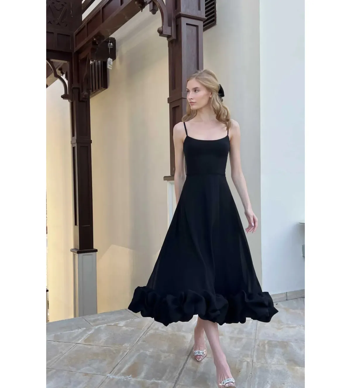 Post Meridiem Flounce Bustier Midi Dress in Deep Black Size XS / AU 6 for rent on The Volte - main image