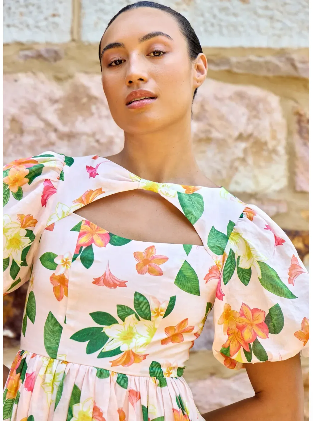 Isabella Longinnou Frangipani Puff Sleeve Midi Dress Print Size 14 for rent on The Volte - main image