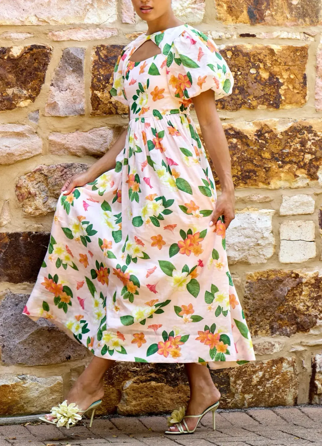 Isabella Longinnou Frangipani Puff Sleeve Midi Dress Print Size 14 for rent on The Volte - main image