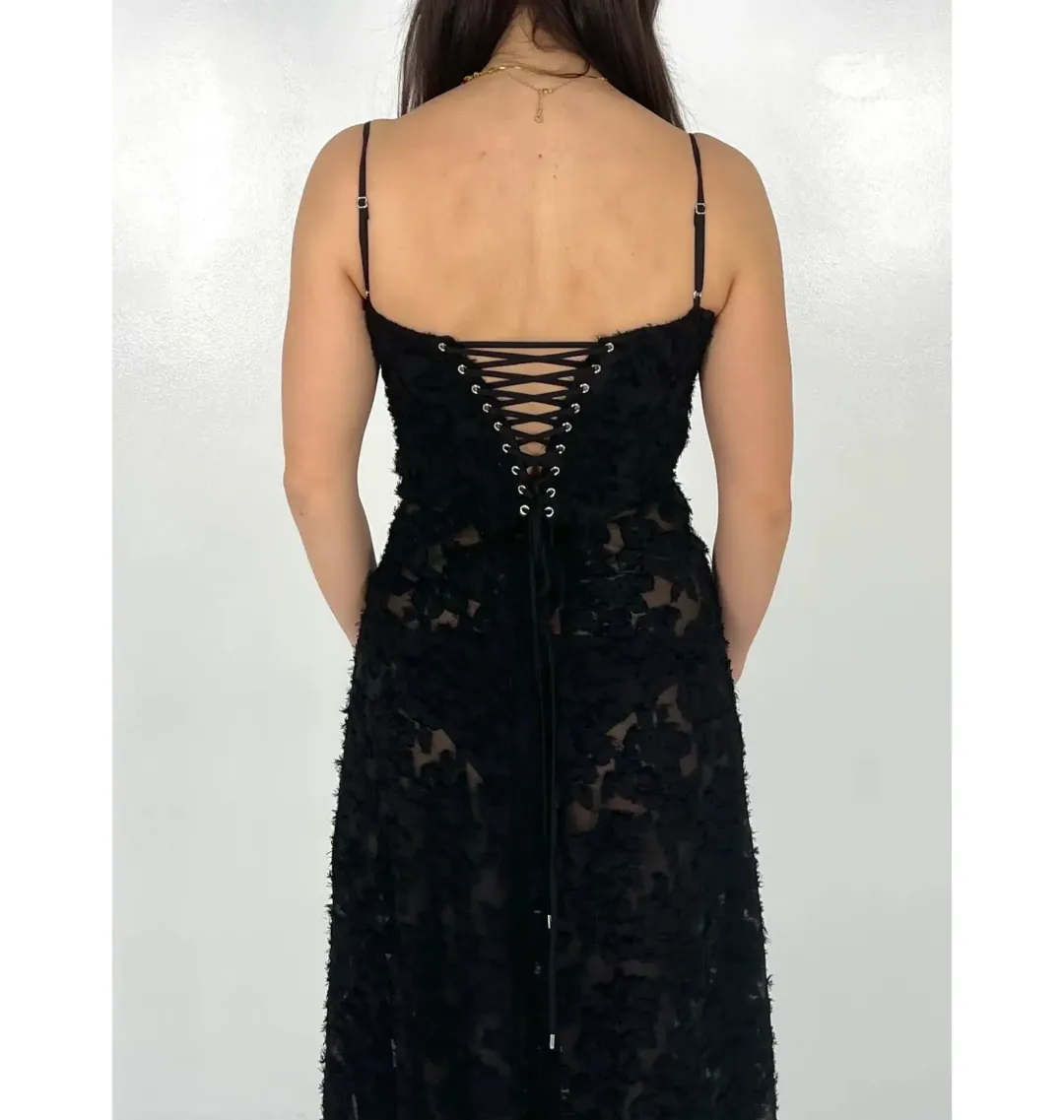 House of CB Seren Floral Lace Back Maxi Dress Black Size S/AU 8 for rent on The Volte - main image