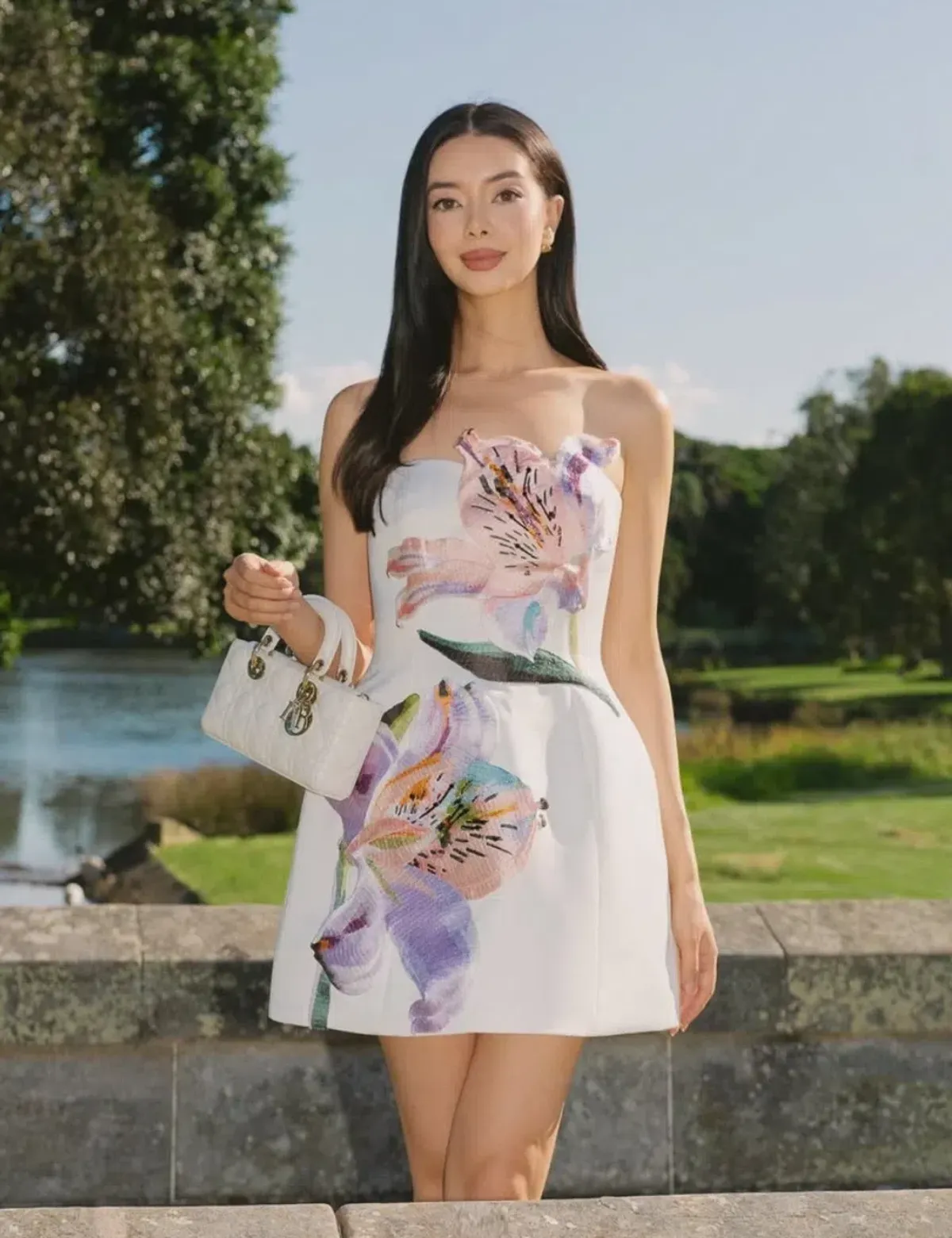 Leo Lin Rosario Appliqué Floral Bustier Mini Dress Lily Print in Snow Size 10 for rent on The Volte - main image