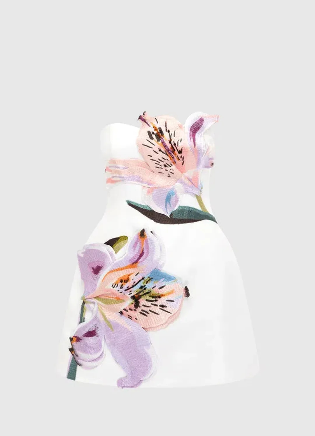 Leo Lin Rosario Appliqué Floral Bustier Mini Dress Lily Print in Snow Size 10 for rent on The Volte - main image
