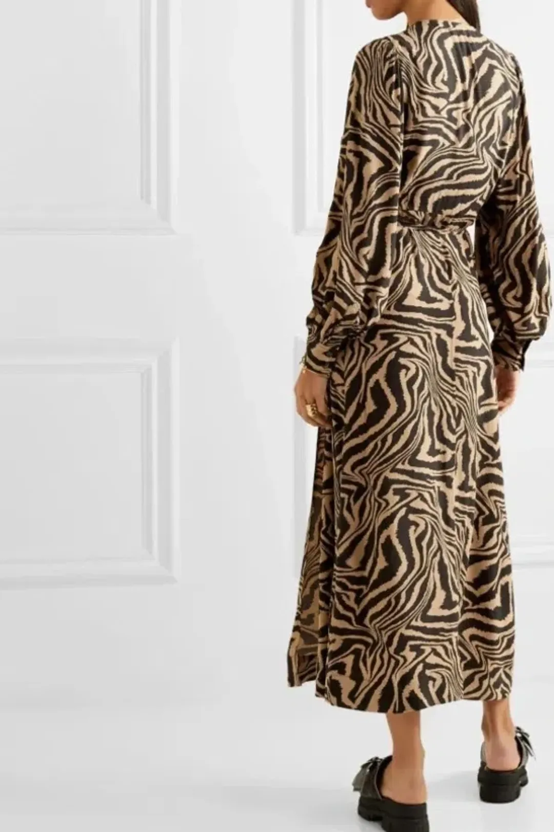 Ganni Tiger Print Midi Wrap Dress Animal Print Size AU 8 for rent on The Volte - main image