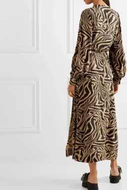 Ganni Tiger Print Midi Wrap Dress Animal Print Size AU 8 for rent on The Volte - image 4