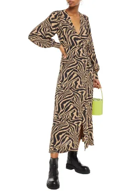 Ganni Tiger Print Midi Wrap Dress Animal Print Size AU 8 for rent on The Volte - image 1