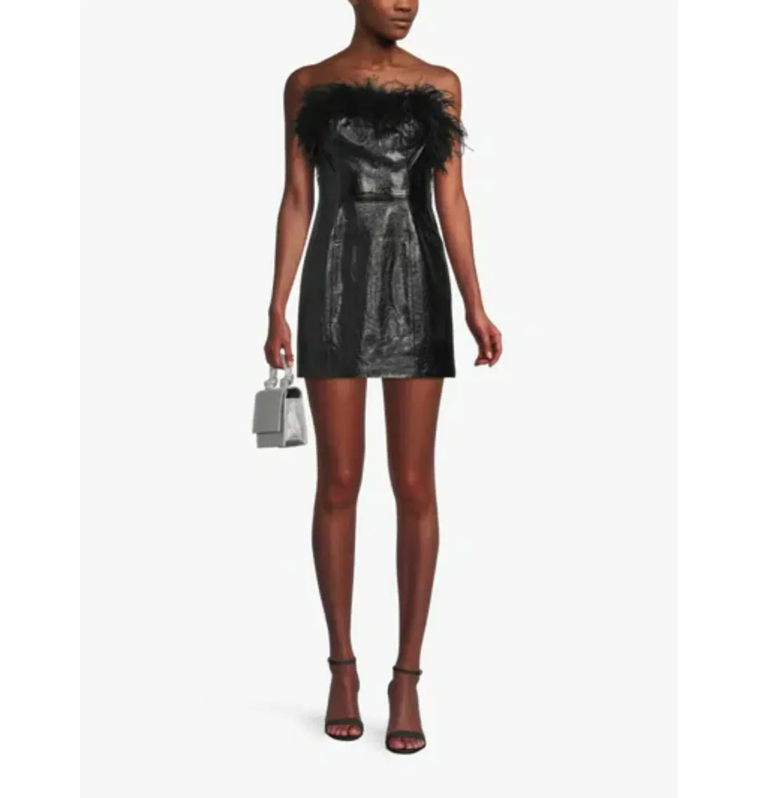 Kitri Poppy Vinyl and Feather Mini Dress Black Size AU 6 for rent on The Volte - main image