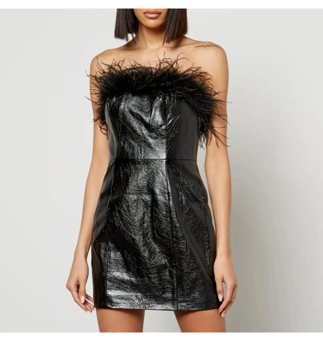 Kitri Poppy Vinyl and Feather Mini Dress Black Size AU 6 for rent on The Volte - main image
