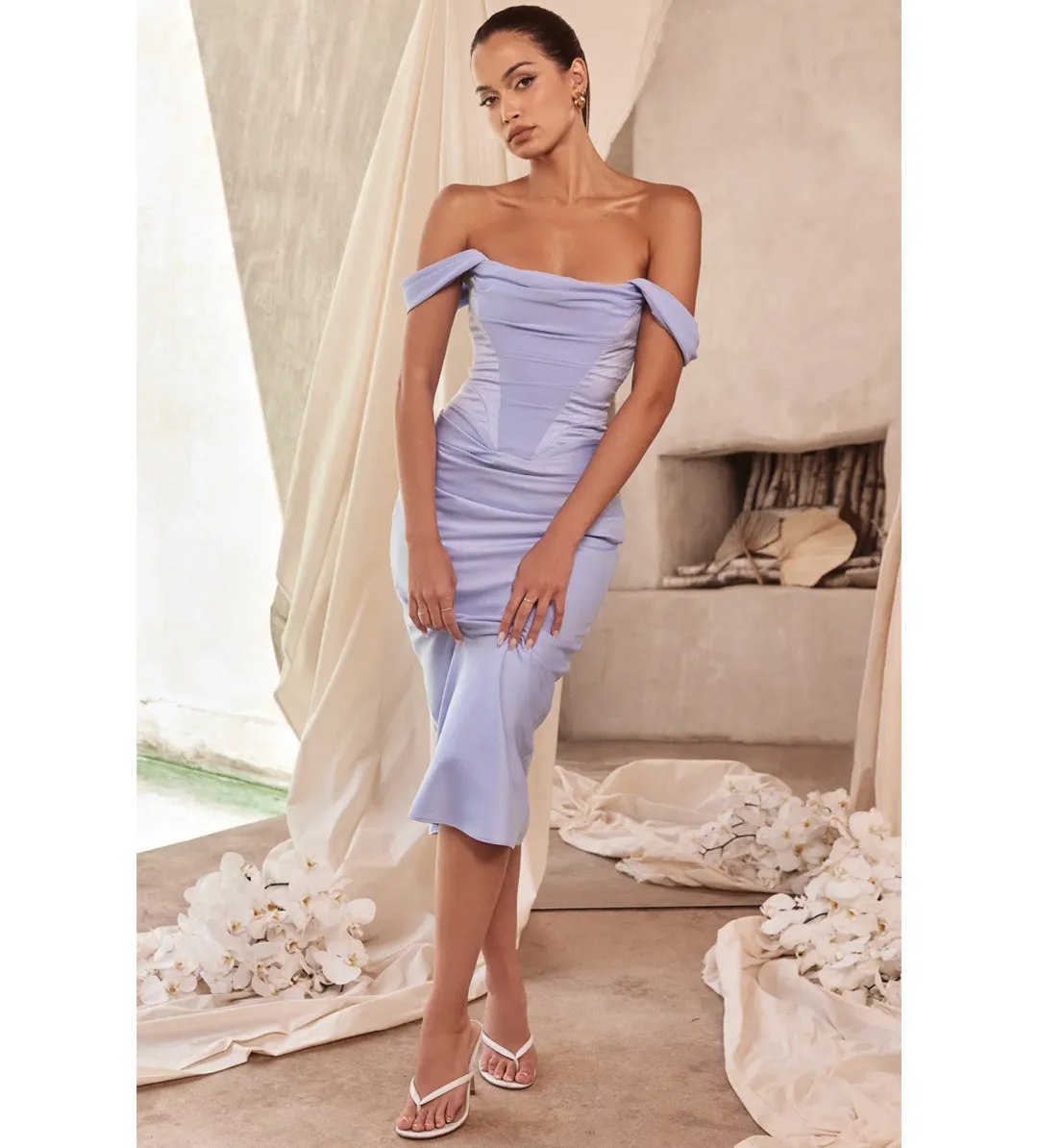 House of CB Natalya Satin Corset Midi Dress Blue Size 12 for rent on The Volte - main image