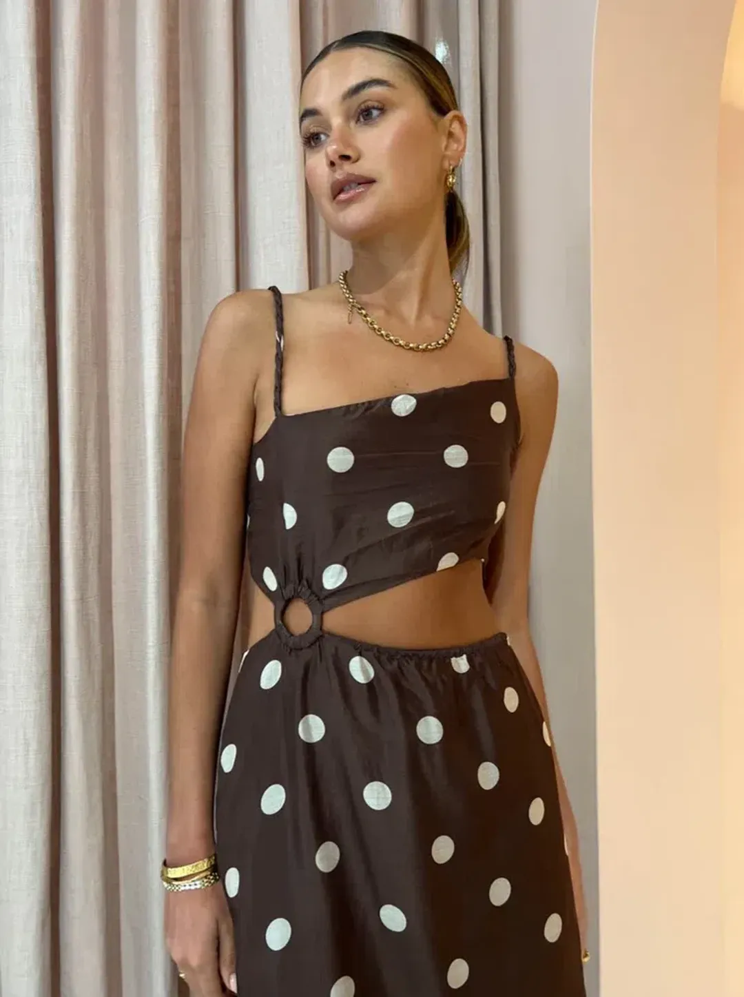 Sir The Label Vivi Asymmetrical Cut Out Dress in Marlon Polka Dot Size 0/ AU 6 for rent on The Volte - main image