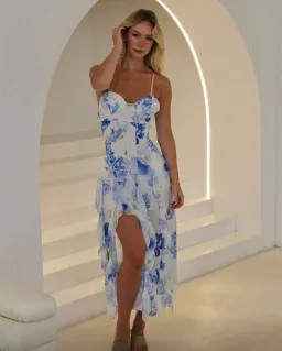 Bella Barnett Blue Ruffle Maxi Dress Floral Size 8 for rent on The Volte - image 1