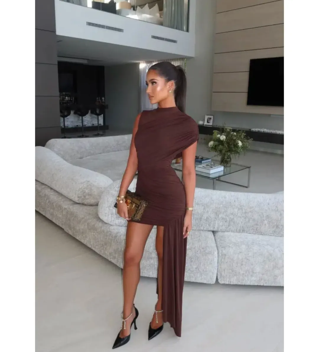 De La Vali Ravenna Draped Jersey Mini Dress in Chocolate Brown AU 6 for rent on The Volte - main image