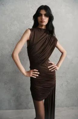 De La Vali Ravenna Draped Jersey Mini Dress in Chocolate Brown AU 10 for rent on The Volte - image 4