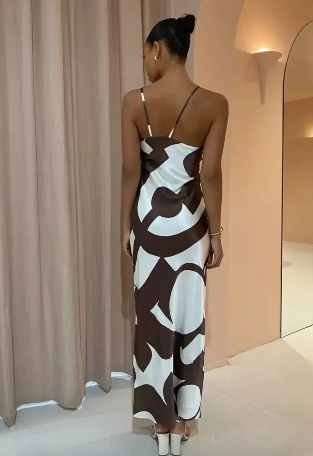 Sir the Label Julien Asymmetric Slip Dress in Abstract Chocolate Size 8 for rent on The Volte - main image
