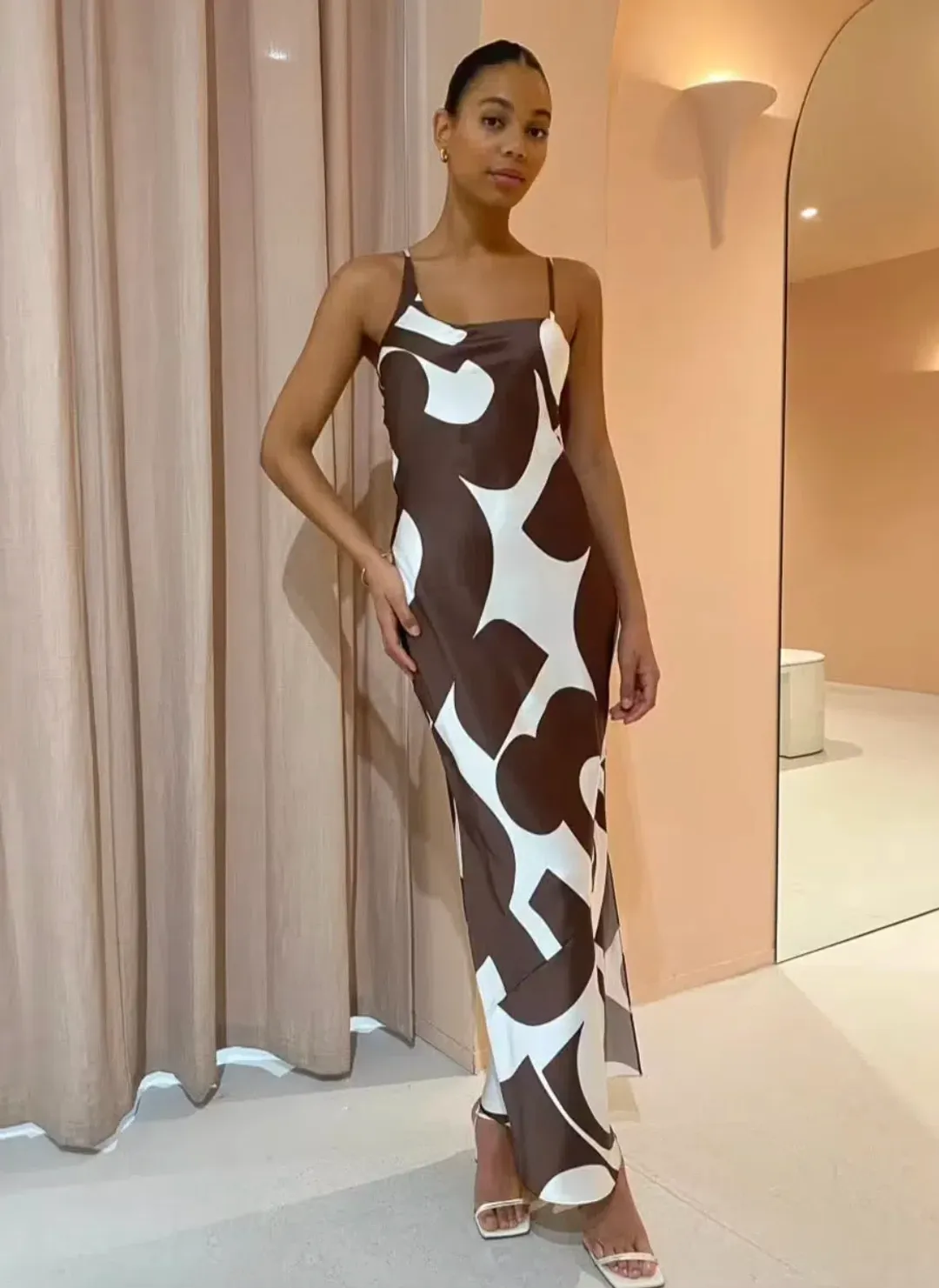 Sir the Label Julien Asymmetric Slip Dress in Abstract Chocolate Size 8 for rent on The Volte - main image