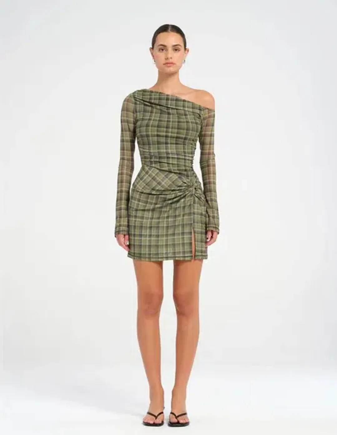Benni Elijah Mini Dress Olive Check Size AU 8 for rent on The Volte - main image