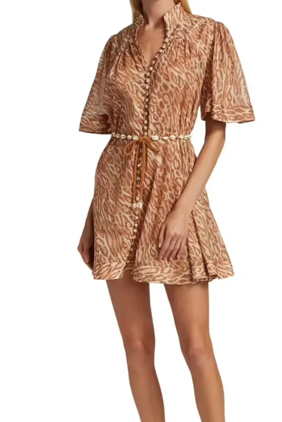Zimmermann Tropicana Flutter Sleeve Mini Dress Brown Leopard Print Size 0 / AU 8 for rent on The Volte - main image