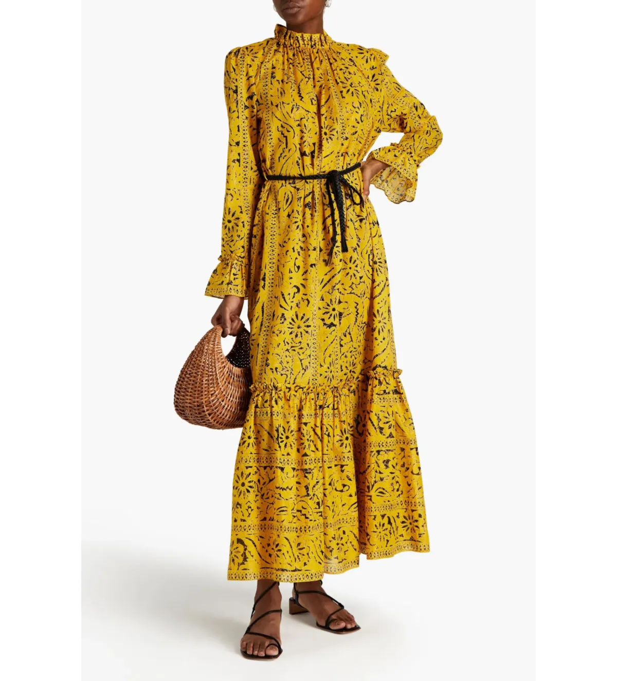 Zimmermann Lulu Belted Printed Cotton-mousseline Maxi Dress In Mustard Size 0/Au 8  for rent on The Volte - main image