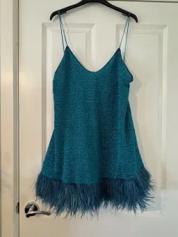 Oseree Lumiere Feather Trimmed Mini Dress Blue Size AU 10 for rent on The Volte - image 5