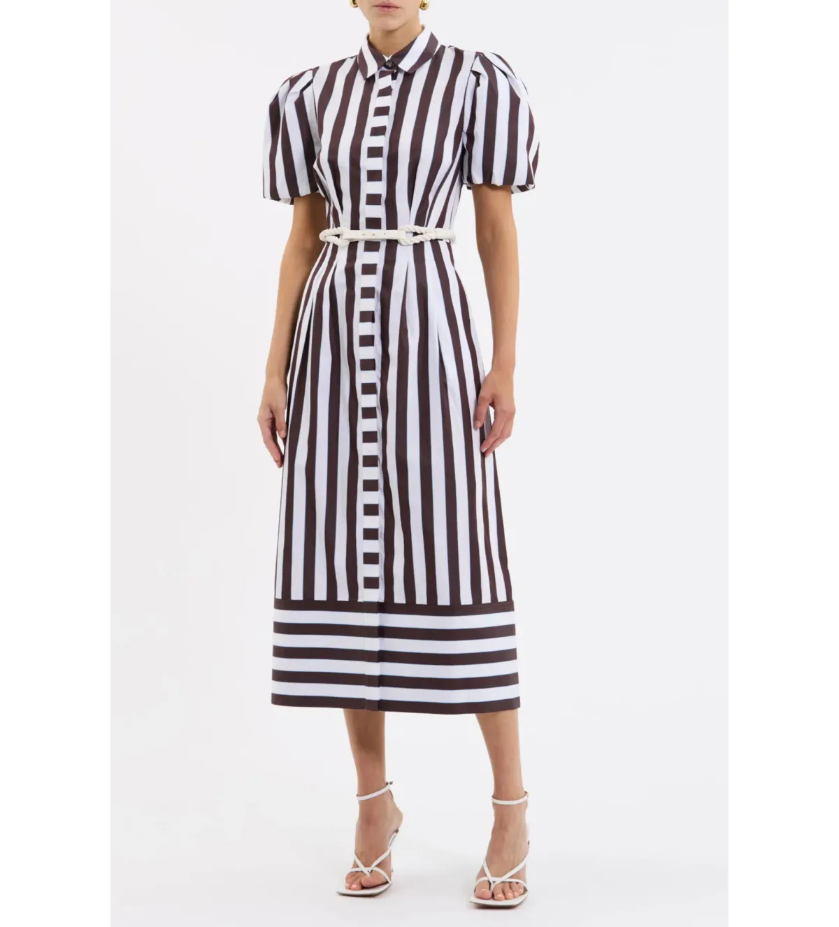 Rebecca Vallance Pippa Puff Sleeve Midi Dress Chocolate Ivory and Light Blue Stripe Print Size 18 for rent on The Volte - main image