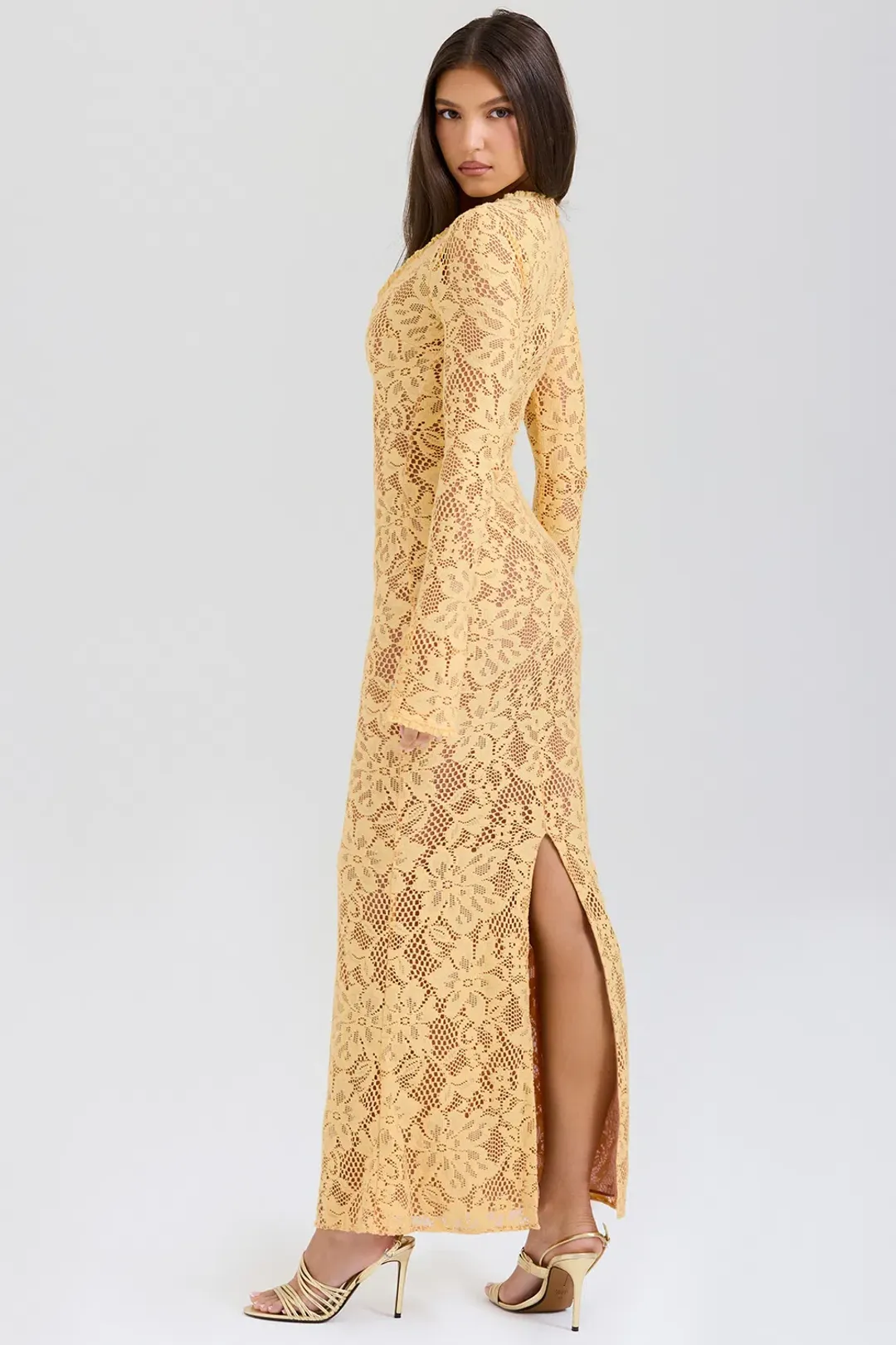 House Of CB Indiana Plunge Lace Maxi Dress Apricot Yellow Size XS / AU 6 for rent on The Volte - main image