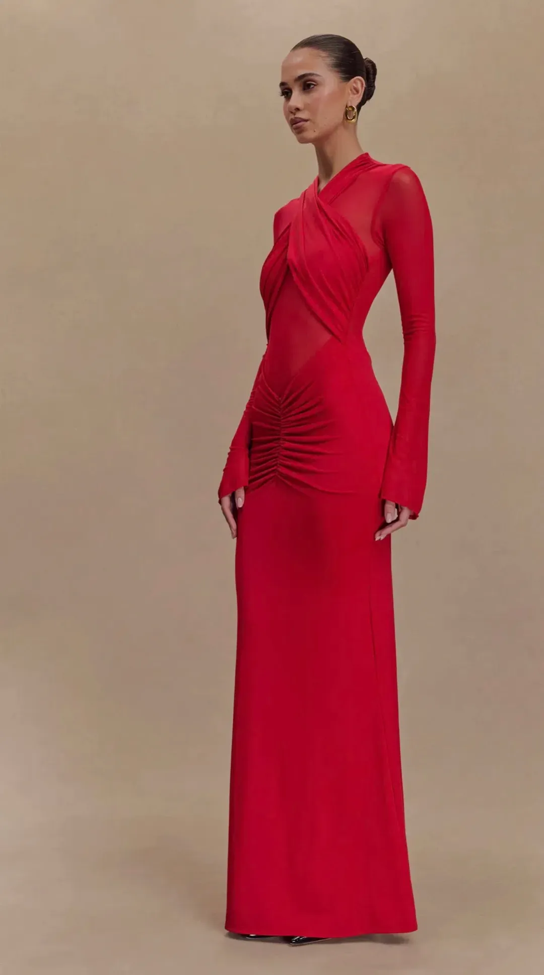 Meshki Tania Slinky And Mesh Long Sleeve Maxi Dress in Red Size 6 for rent on The Volte - main image