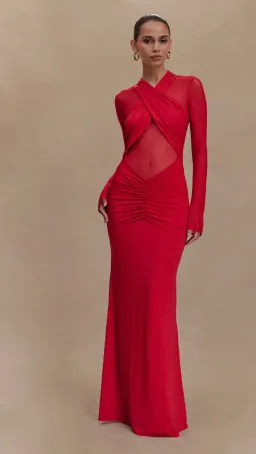 Meshki Tania Slinky And Mesh Long Sleeve Maxi Dress in Red Size 6 for rent on The Volte - image 1