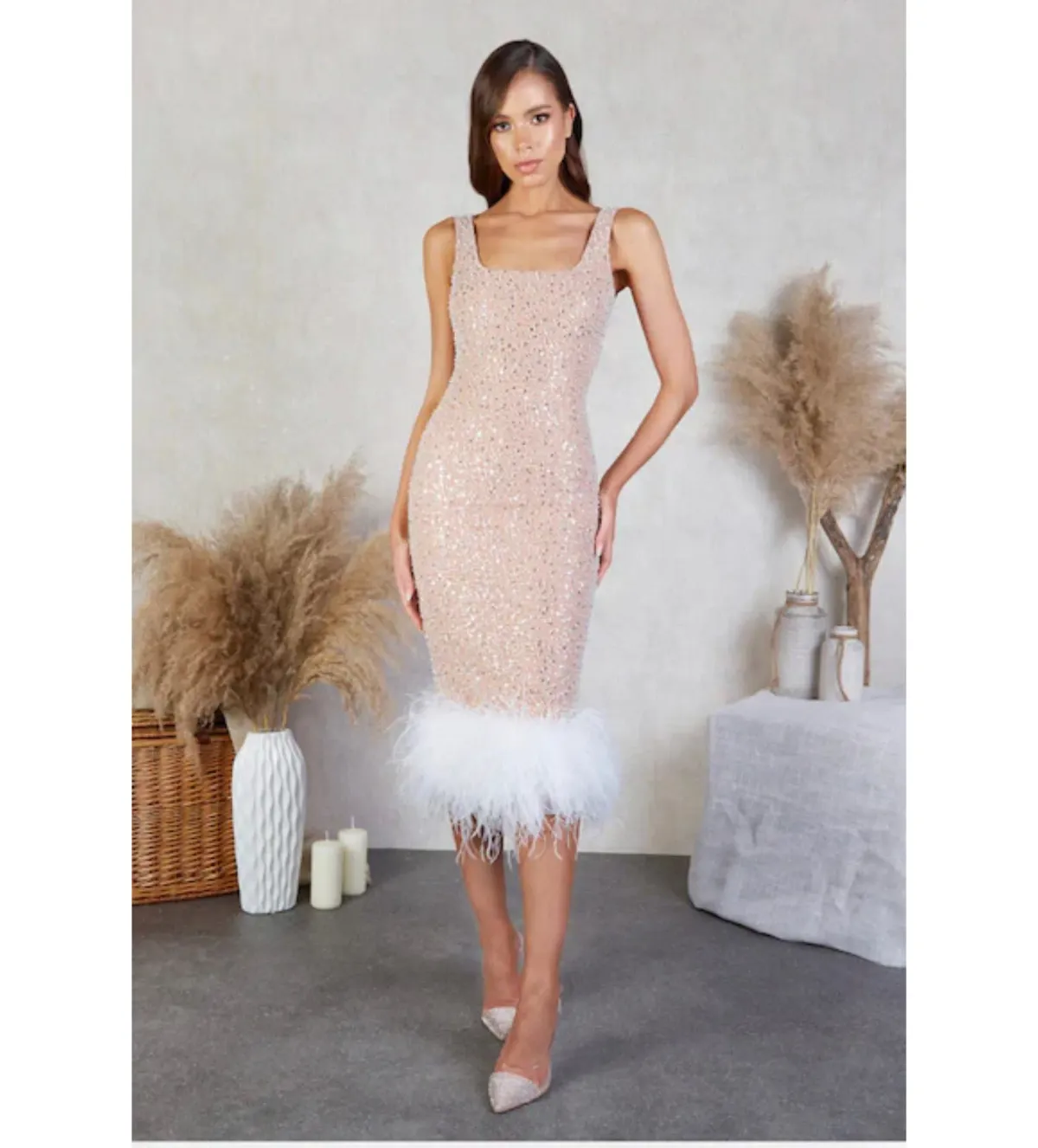 Nadine Merabi Lulu Embellished Feather Trim Midi Dress In White Size XL/AU 16 for rent on The Volte - main image
