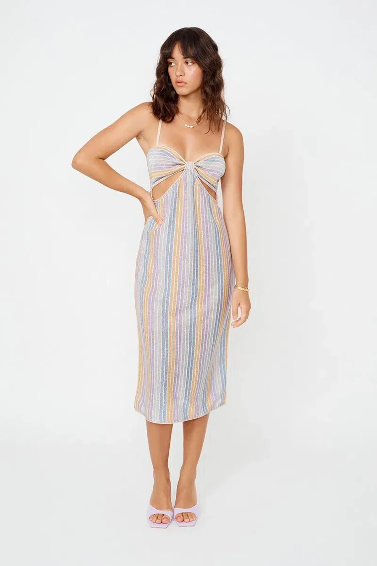 Suboo Elise Cut Out Midi Dress Lilac Stripe Metallic Size AU 8 for rent on The Volte - main image