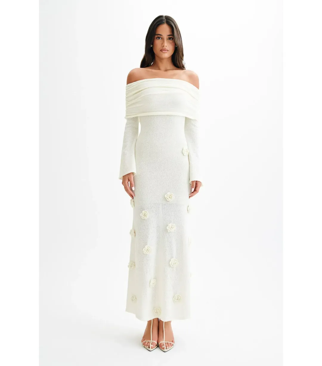 Meshki Kiki Off Shoulder Knit Rose Maxi Dress Ivory Size XS / AU 6 for rent on The Volte - main image