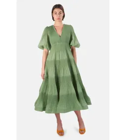 Zimmermann Pleated Balloon Sleeve Midi Plisse Dress Fern Size 0/Au 8  for rent on The Volte - image 1