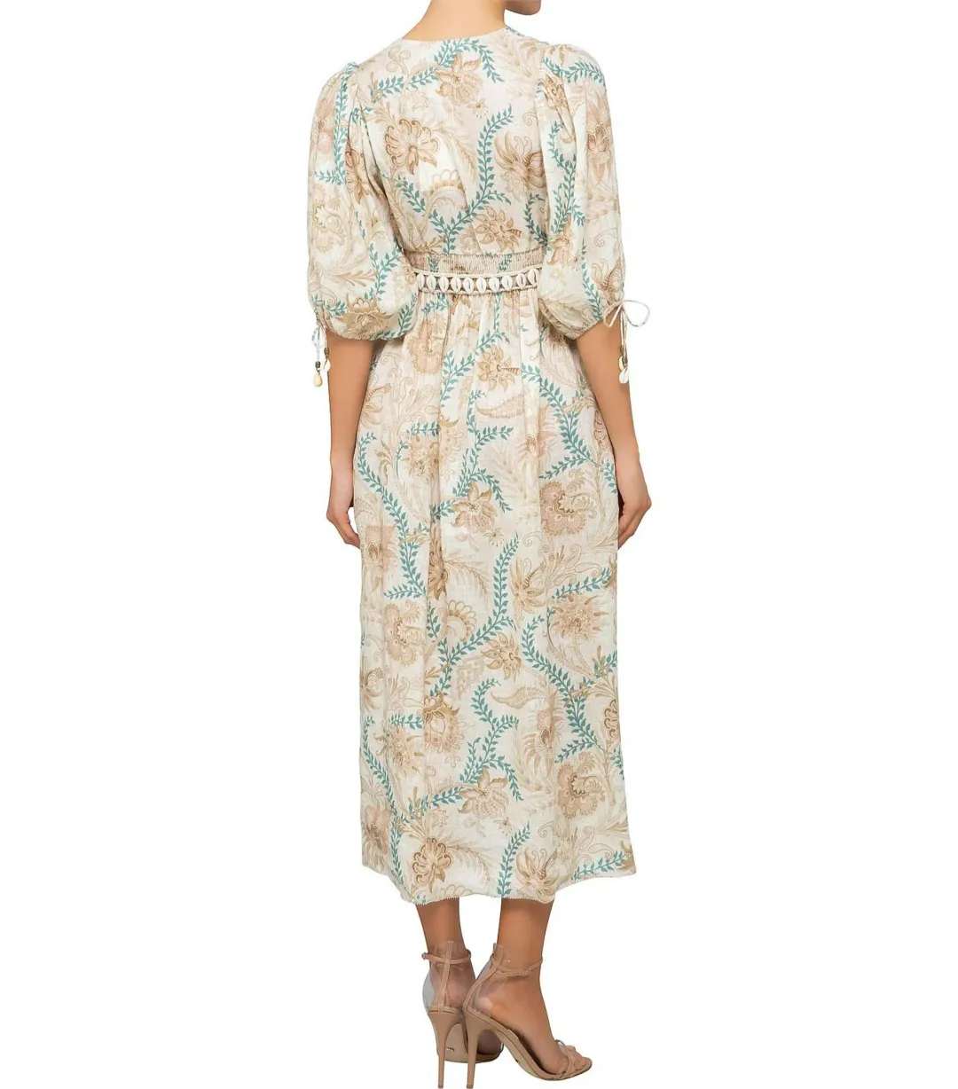Zimmermann Veneto Floral Shirred Waist Midi Dress Print Size 0 / Size AU 8   for rent on The Volte - main image