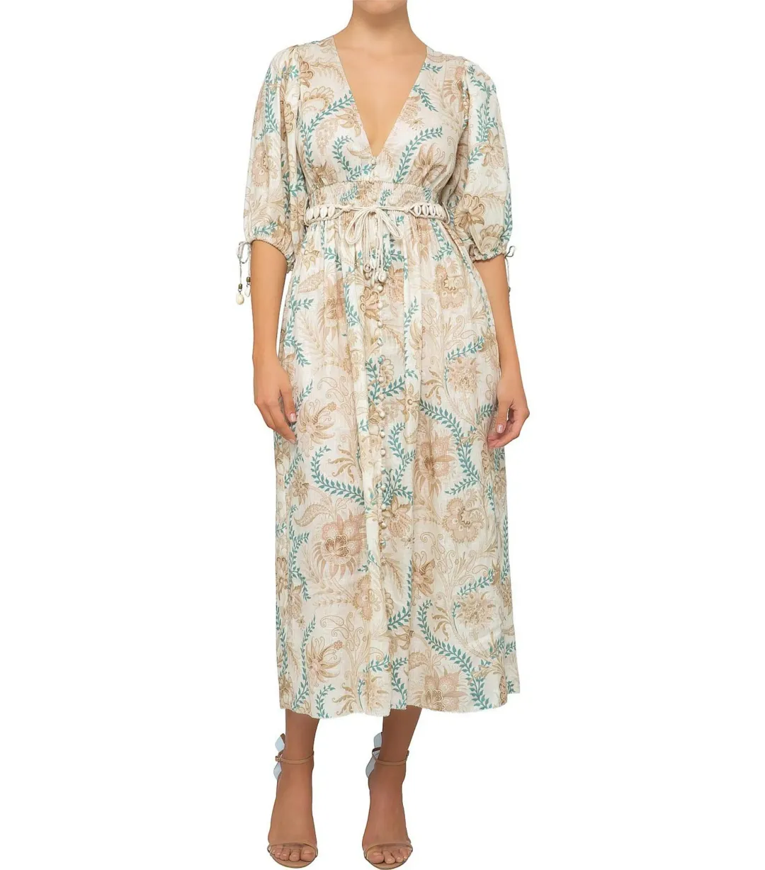 Zimmermann Veneto Floral Shirred Waist Midi Dress Print Size 0 / Size AU 8   for rent on The Volte - main image