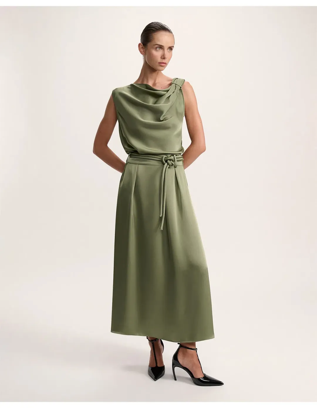 Saba Jayde Belted Midi Skirt Olive Green Size AU 6 for rent on The Volte - main image