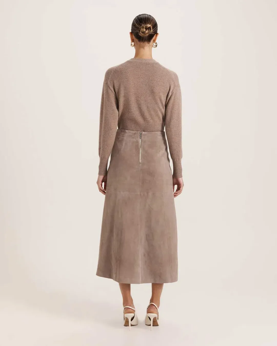 Saba Nadia Suede Leather Midi Skirt Mink Size AU 6 for rent on The Volte - main image