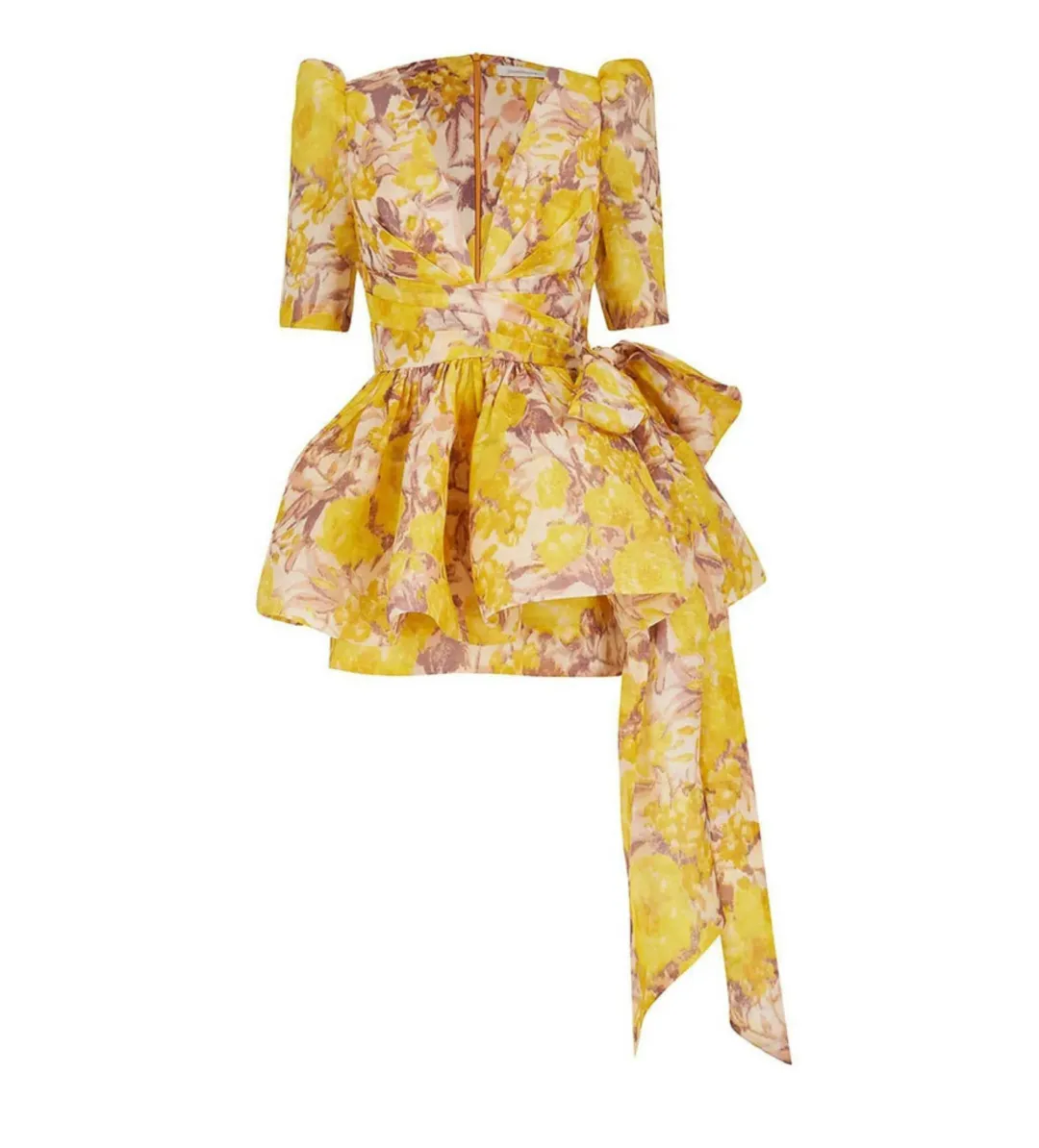 Zimmermann The High Tide Peplum Mini in Yellow Ikat Floral Size 0p/Au 6  for rent on The Volte - main image
