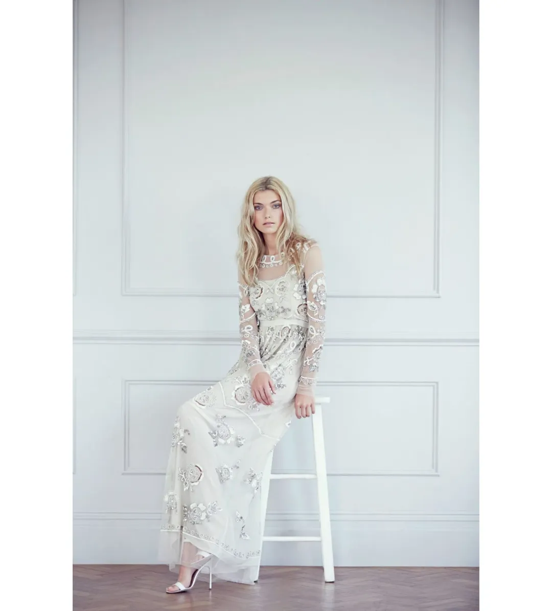 Needle & Thread Garden Scatter Sequin Maxi Dress in Cream  Size 8  for rent on The Volte - main image