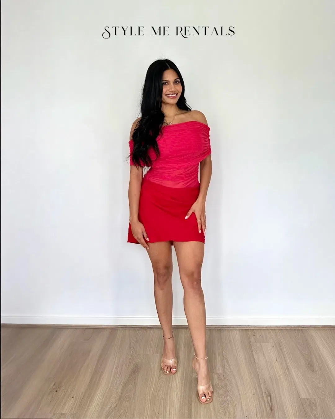 Benni Nico Off Shoulder Mini Dress Watermelon Size 10 for rent on The Volte - main image